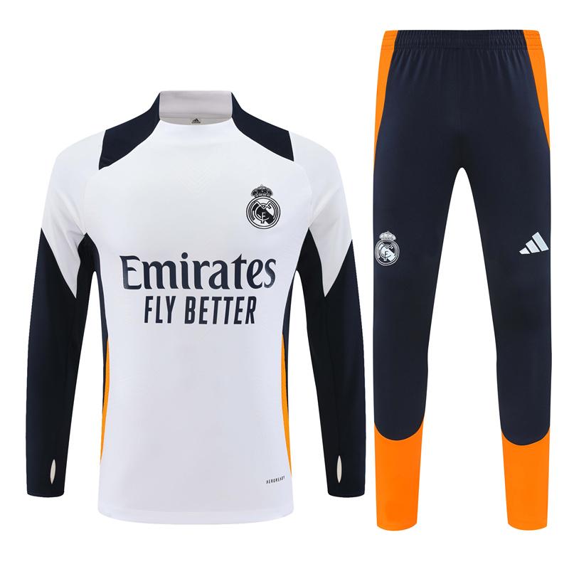 24/25 ريال مدريد أبيض/أزرق كحلي/برتقالي جاكيت نصف سحاب + بنطلون طويل + بنطلون طويل
