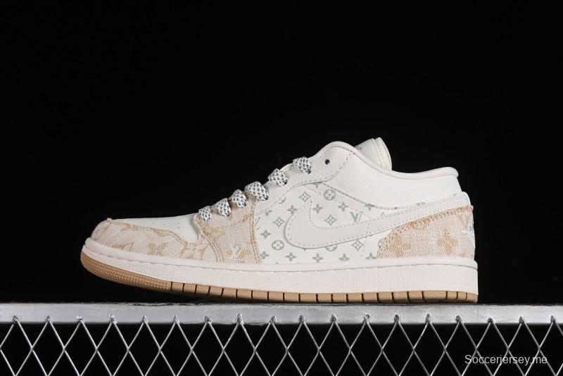 Nike Air Jordan 1 Low LV Collaboration Denim Khaki Customized Casual Sneakers - SJ9950-002