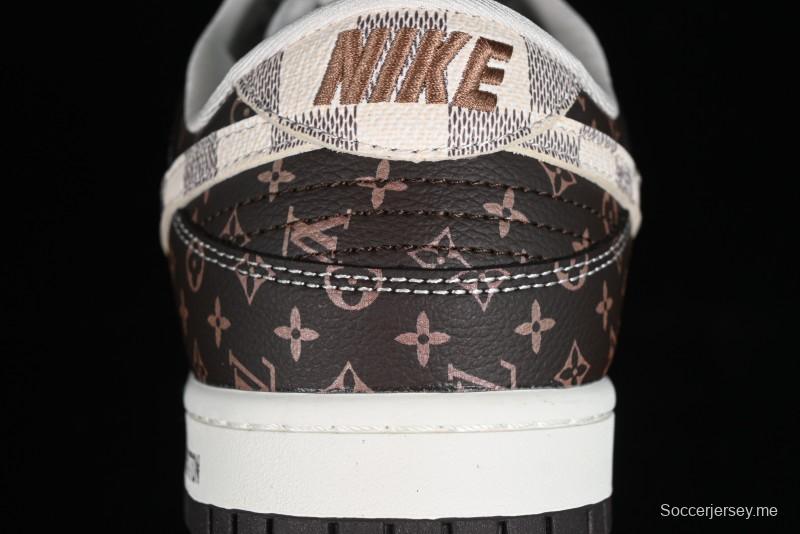 Nike SB Dunk Low LV Collaboration - Checkerboard Brown Monogram White Swoosh Anniversary High-End Custom Low-Top Casual Skate Shoes - SJ2068-255