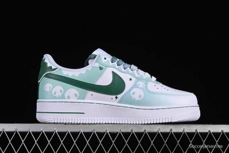Nike Air Force 1 '07 Low Witch Collaboration Custom Leather Sneakers with Skull and Gradient White-Green Design - CW2288-111