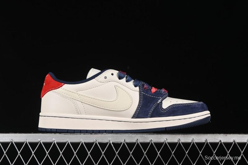 Nike Travis Scott x Fragment Design x Air Jordan 1 Low OG SP AJ1 Supreme Collaboration - Deep Blue Red Culture Casual Sneakers - XY2688-122