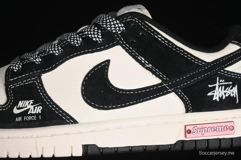 Nike SB Dunk Low Supreme x Stussy Triple Collaboration - Black White Black Swoosh Anniversary Custom Low Top Casual Skate Shoes - SJ2068-300