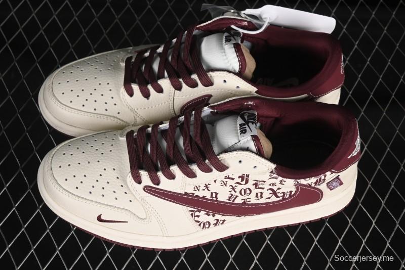 نايكي ترافيس سكوت × فراجمينت ديزاين × اير جوردان 1 اير جوردان 1 اوج 1 اوج 1 اكس هودي AJ1 كروس تعاون بني مطبوع حذاء رياضي كاجوال منخفض الرقبة - LD2025-016