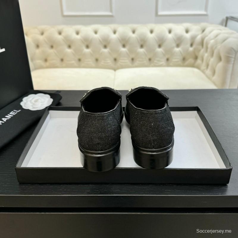 2025 Women Chanel Black Leather Canvas Loafers KFY00310