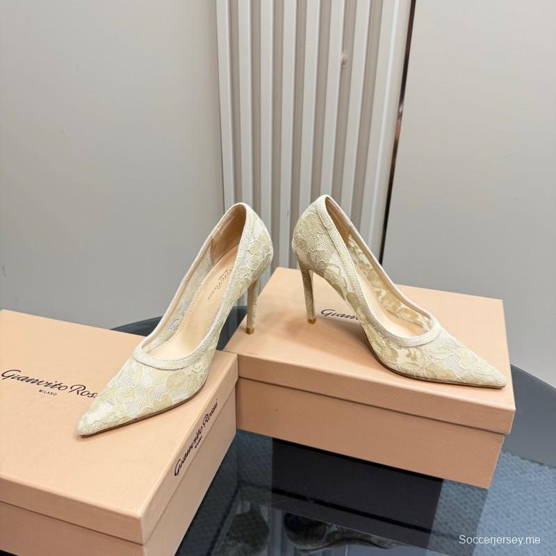 2025 Women Gianvito Rossi Beige Lace Leather High Heels KFY00280