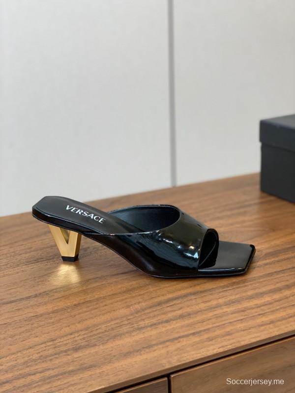 2025 Women VERSACE Black Patent Leather Slippers