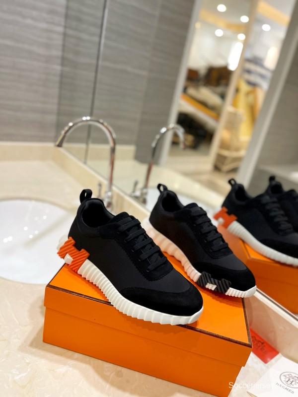 2024 Unisex Hermès Black Orange Glossy Calfskin Nylon Sneakers MJ00320