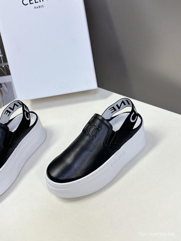 2025 Women CELINE Black White Leather Slip-On Sneakers LY00280