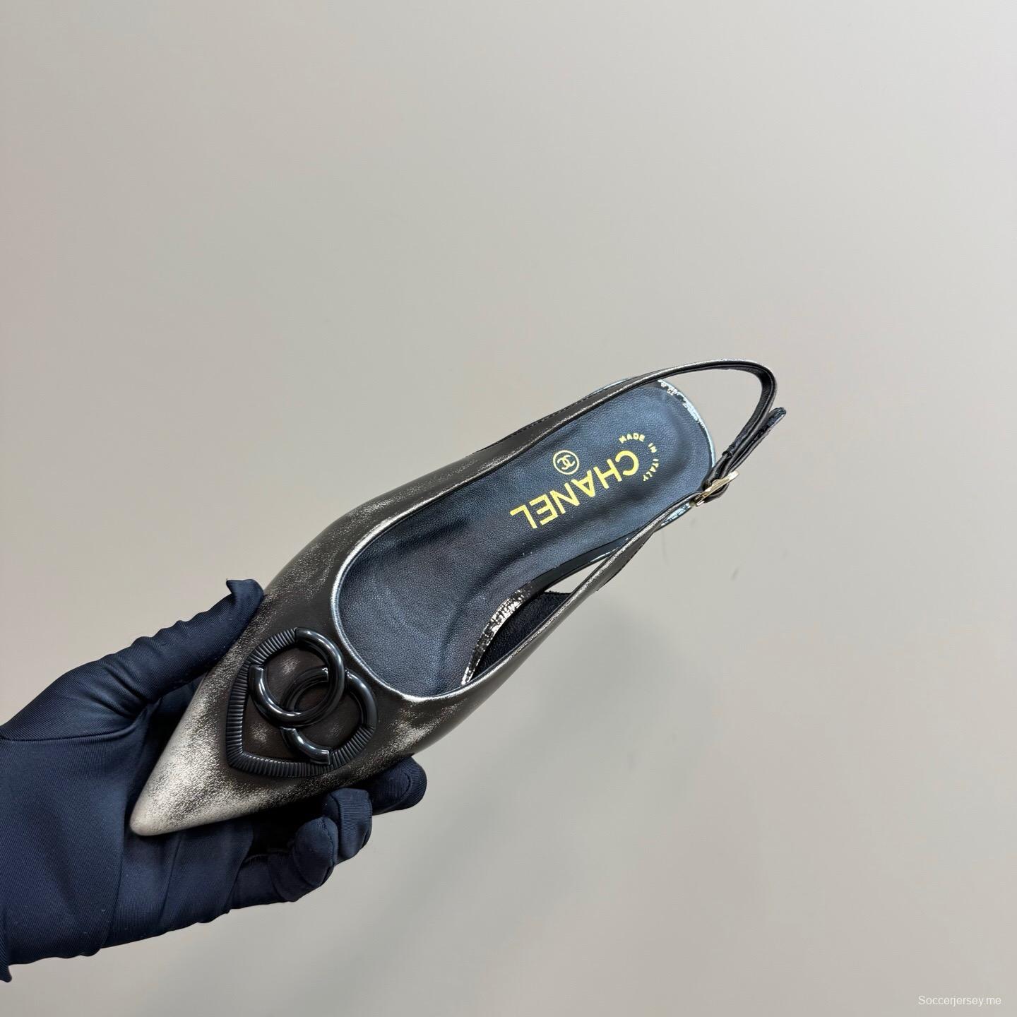 2025 Women Chanel Black Silver Satin Sandals KFY00290