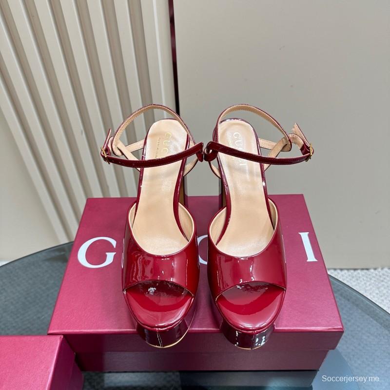 2025 Women Gucci Red Patent Leather Platform Sandals