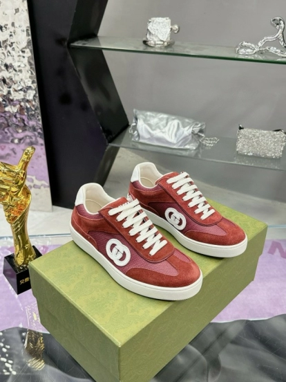 2024 Unisex Gucci Red Burgundy White Leather Suede Sneakers MJ00310