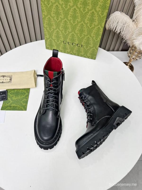 2024 Women Gucci Black Leather Lace-Up Combat Boots Red Green Web MJ00340