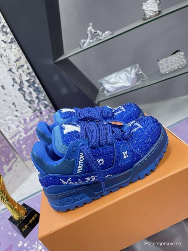 2024 Unisex Louis Vuitton Blue Rhinestone Trainer Sneakers Heat Pressing MJ00430