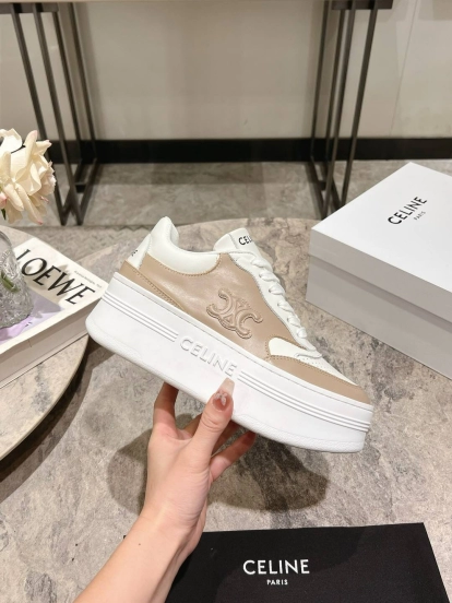 2025 Women Celine Beige White Leather Platform Sneakers