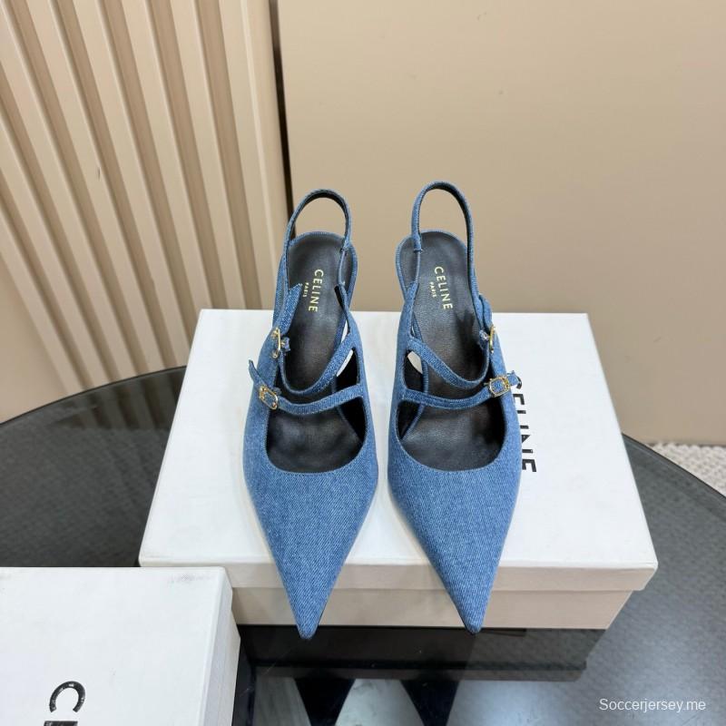 2025 Women CELINE Blue Denim Leather Pointed Toe Slingback Heels KFY00290