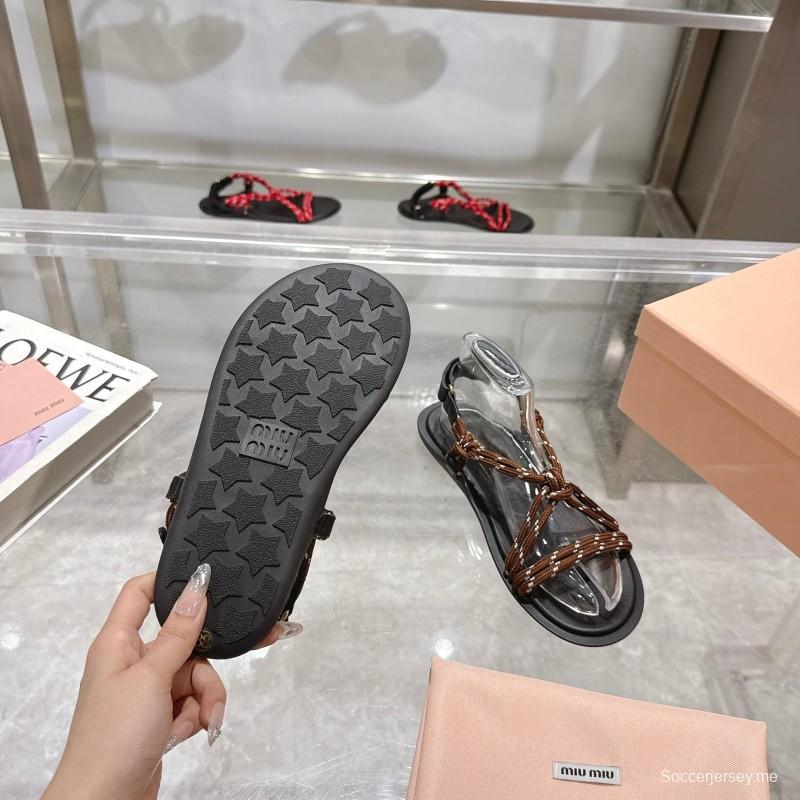 2025 Women Miu Miu Brown Rope Leather Sandals