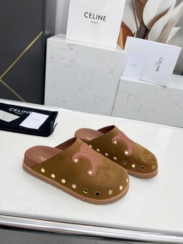 2025 Slippers Celine Brown Pink Suede Leather Studded LY00240