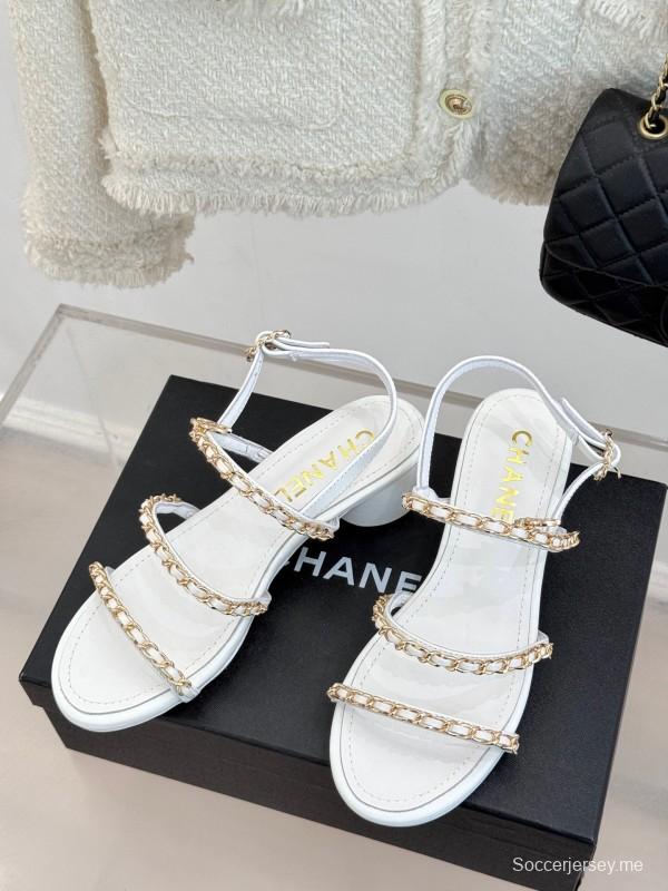 2025 Women Chanel White Leather Chain Strap Sandals