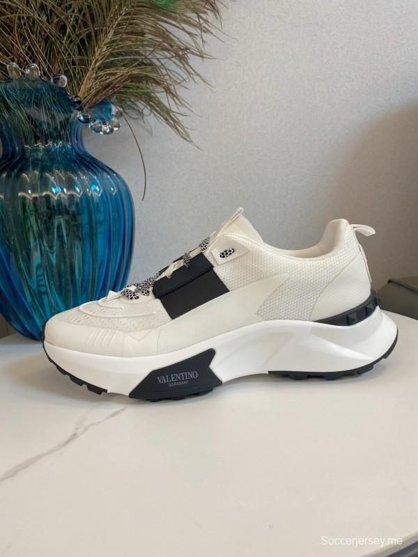 2024 Unisex Valentino White Black Leather Mesh Sneakers 