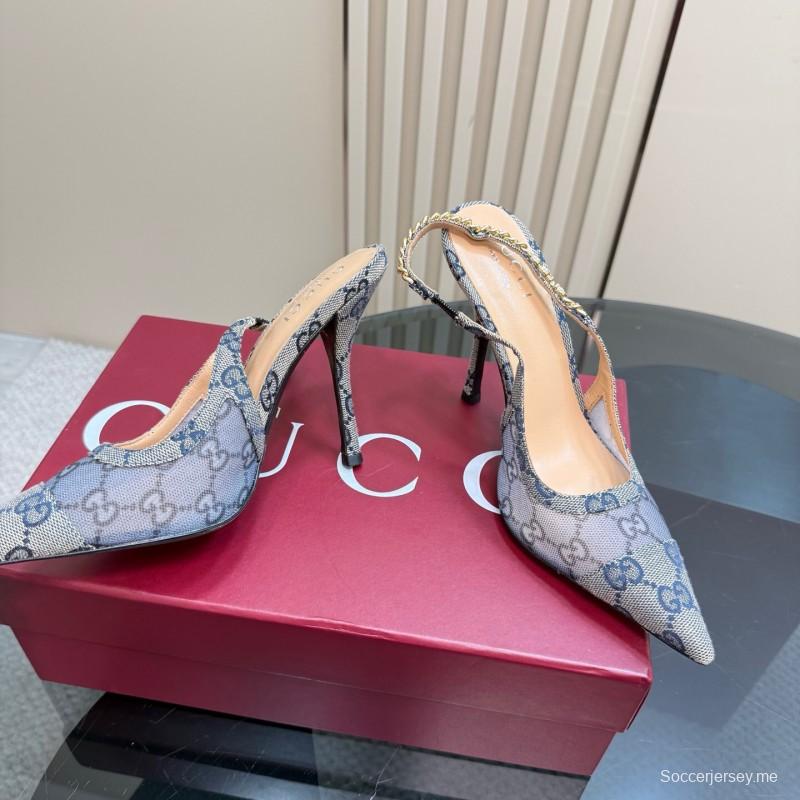 2025 Women Gucci White Mesh Slingback Heels With Crystal Chain Detailing KFY00300(F)