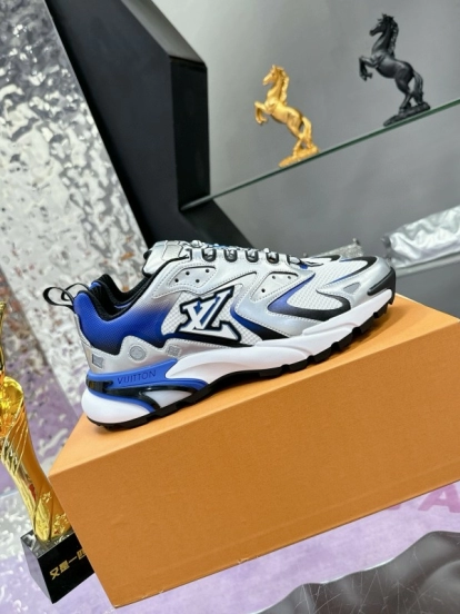 2025 Men Louis Vuitton White Blue Leather Mesh Sneakers MJ00420