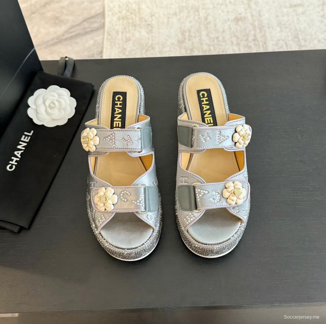 2025 Women Chanel Grey Leather Slippers Flower LY00330