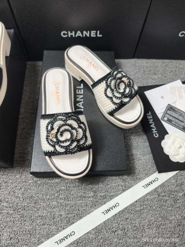 2025 Slippers Chanel Black White Fabric Camellia LY00000
