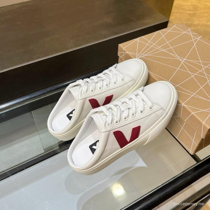 2025 Women VEJA White Burgundy Canvas Leather Slip-On Sneakers