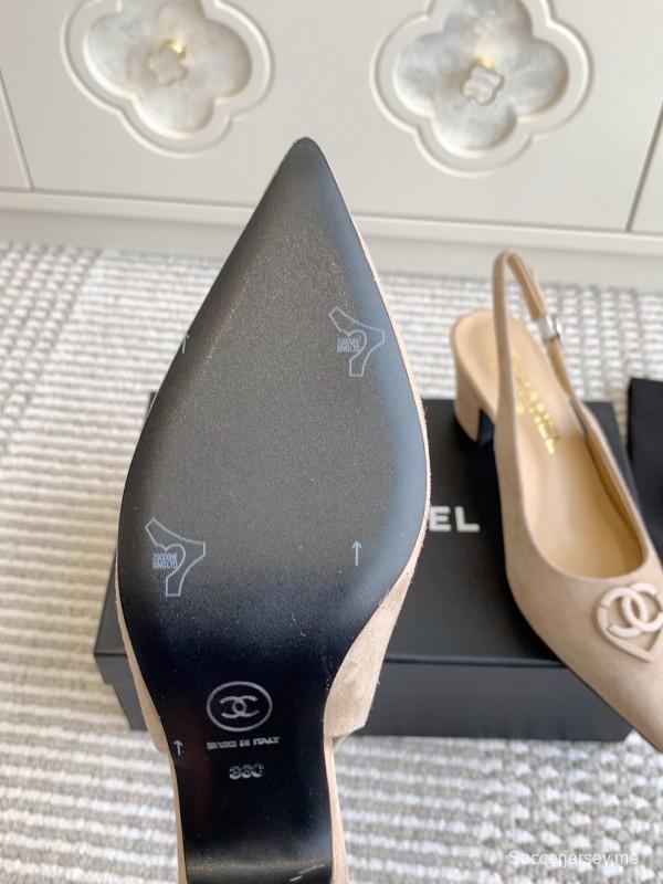 2025 Women Chanel Beige Suede Slingback Pointed Toe Heart CC Sandals