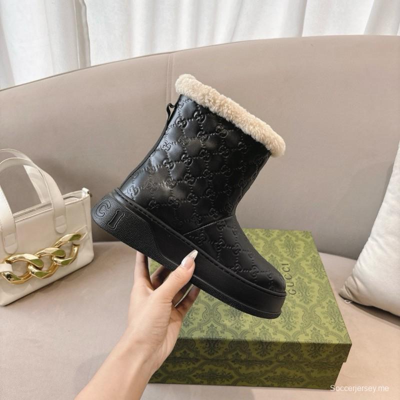 2024 Women Gucci black leather shearling snow boots MJ00350