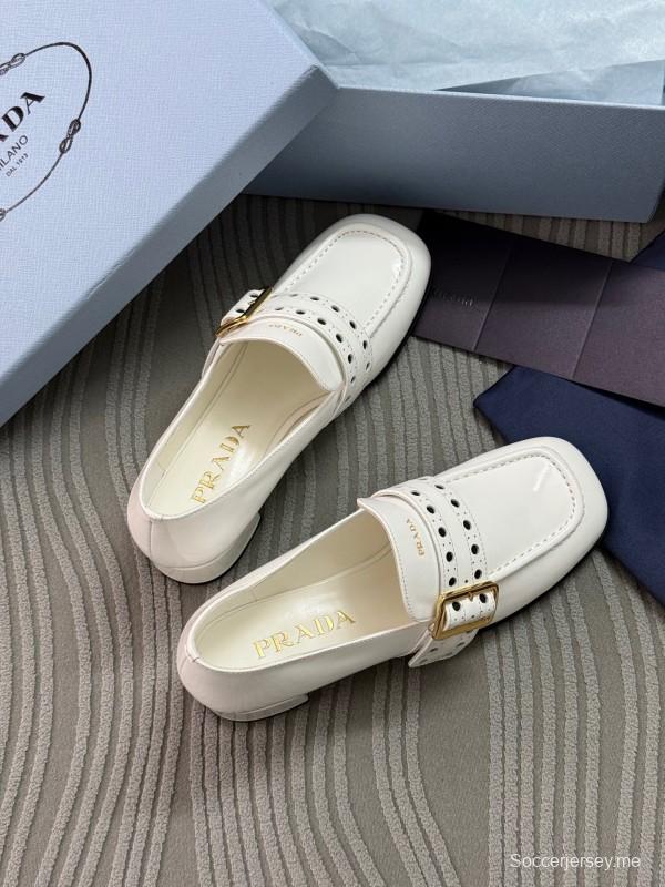 2025 Women Prada White Leather Loafers KFY00320