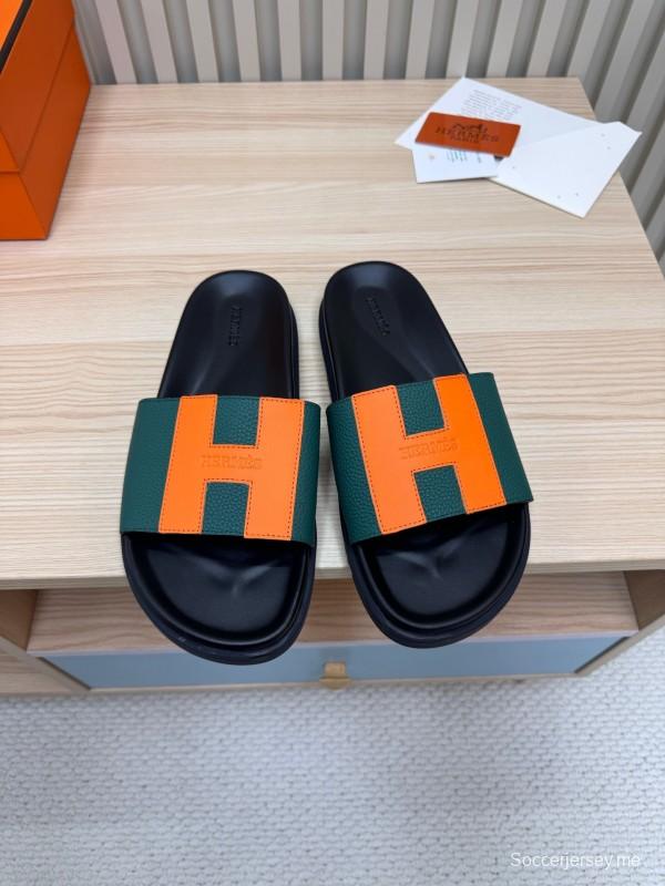 2025 Hermès Green Orange Leather Slippers