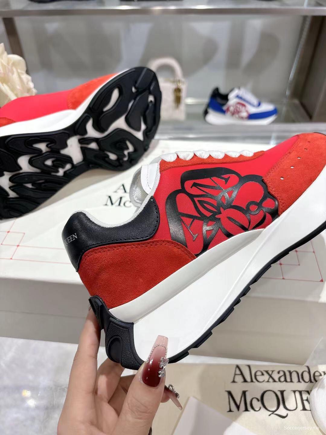 2025 Women Alexander McQueen Red Black Leather Suede Sneakers LY00340