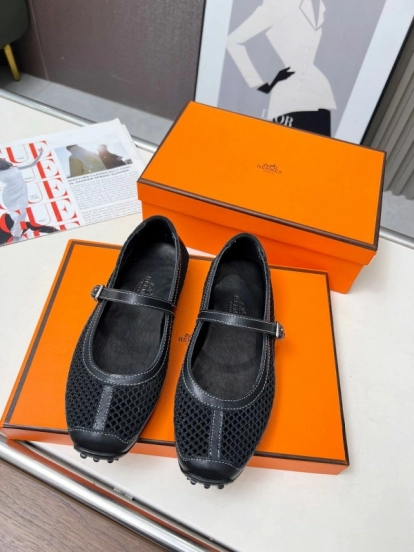 2025 Women Hermès Black Leather Mesh Mary Jane LY00230