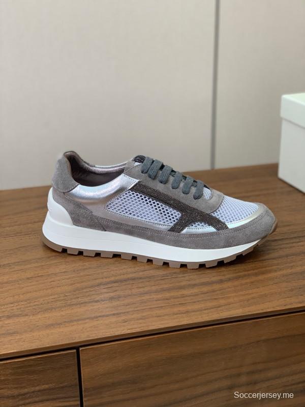 2025 Unisex Brunello Cucinelli Grey White Suede Mesh Leather Sneakers Handcrafted Beaded Chain KFY00310