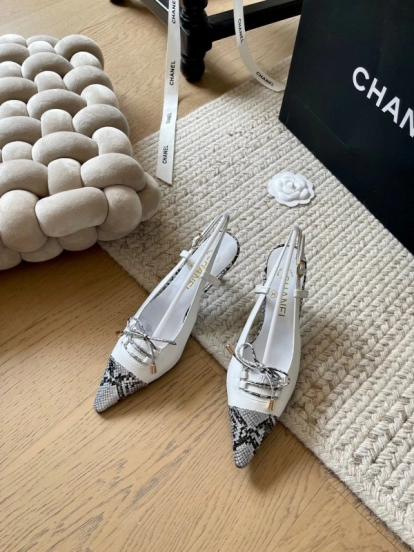 2025 Women Chanel White Black Python Leather Slingback Heels