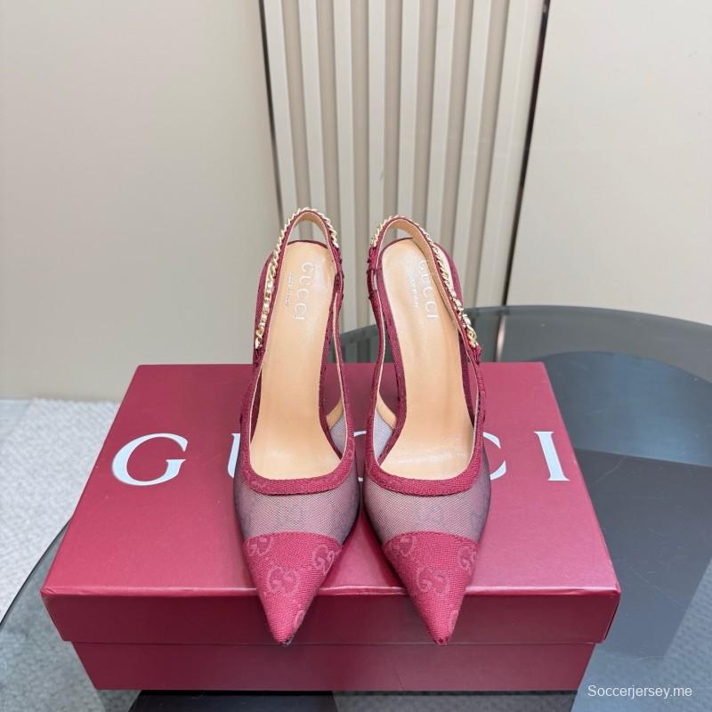 2025 Women Gucci Burgundy Mesh Chain Detail Slingback Pumps KFY00300(F)