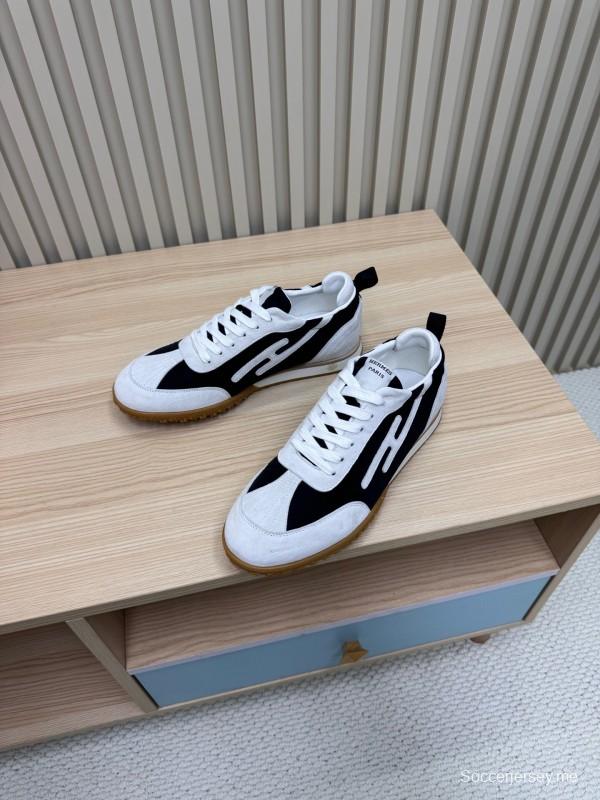 2025 Unisex Hermès White Black Suede Down Fabric Sneakers Top Version LY00310