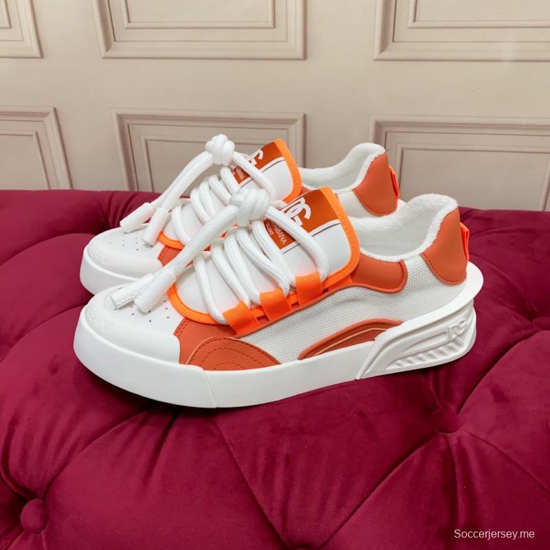2025 Unisex Dolce & Gabbana Orange White Mesh Leather Sneakers