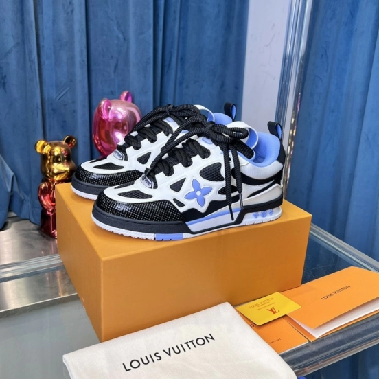 2025 Unisex Louis Vuitton White Black Blue Leather Mesh LV Trainer