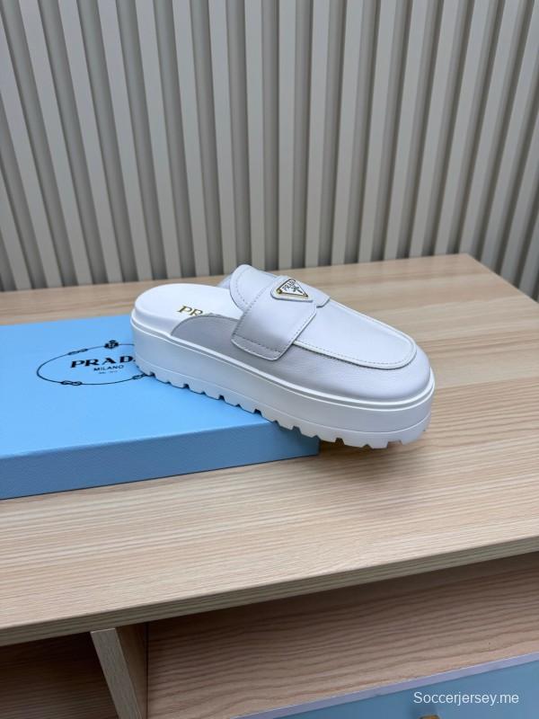 2025 Women Prada White Leather Slippers KFY00280