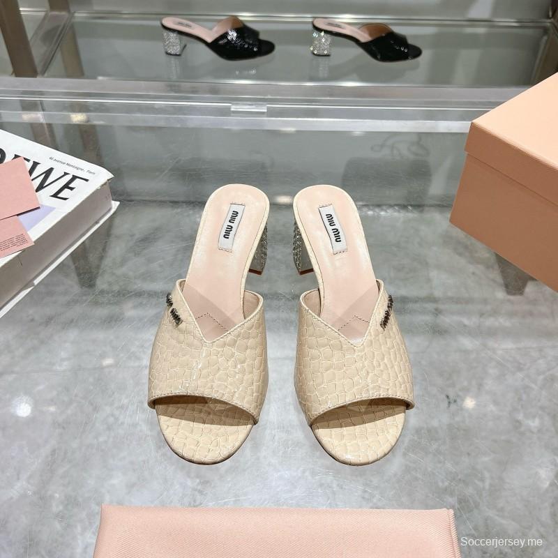 2025 Women Miu Miu Beige Crocodile Embossed Leather Heeled Mules