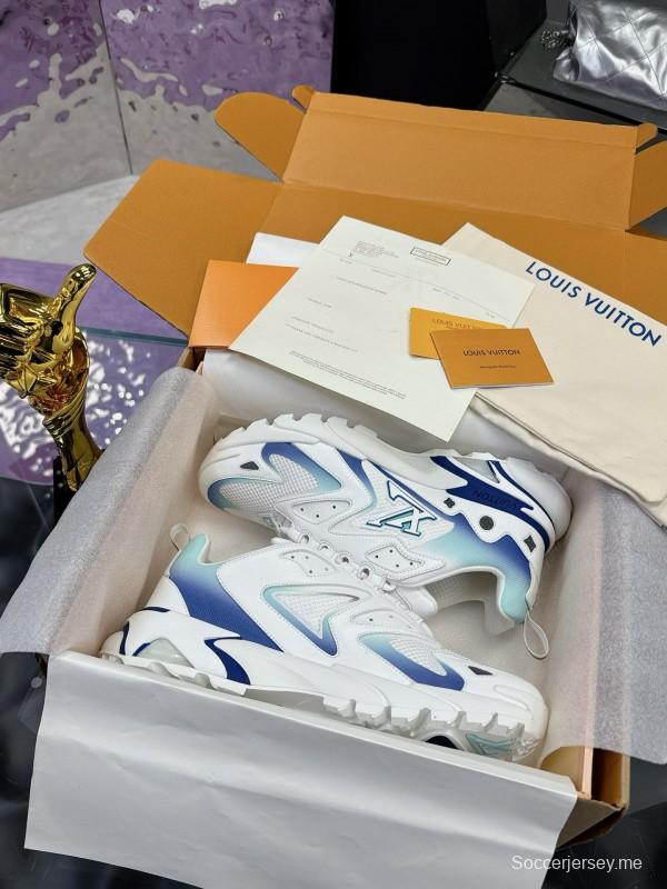 2025 Men Louis Vuitton Blue White Mesh Leather Sneakers MJ00420