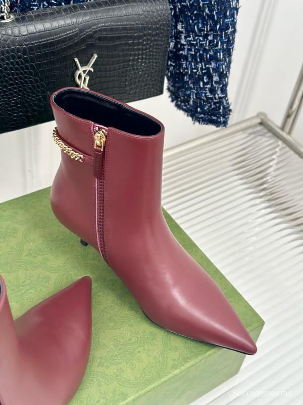 2024 Women Gucci Burgundy Leather Ankle Boots Chain MJ00410