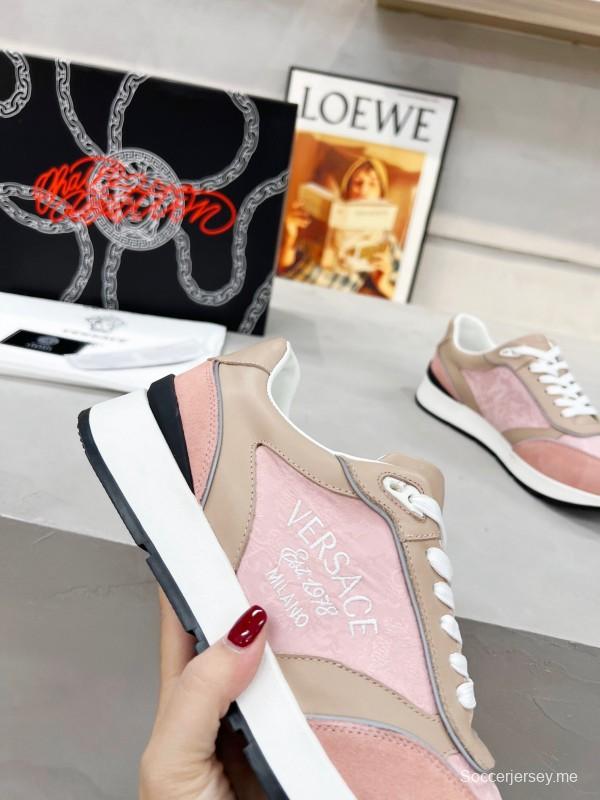 2025 Women VERSACE Pink Beige Suede Leather Sneakers Embroidery LY00320