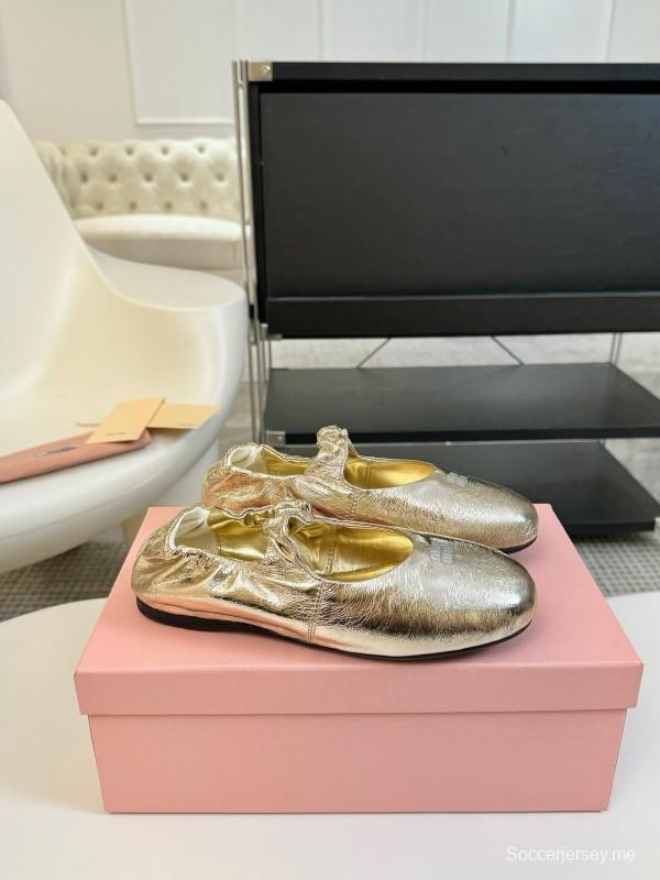 2025 Women Miu Miu Gold Leather Ballet Flats