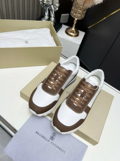 2024 Men Brunello Cucinelli White Brown Leather Suede Sneakers MJ00360