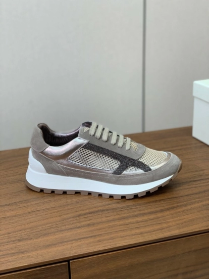 2025 Women Brunello Cucinelli Beige Brown Mesh Leather Sneakers