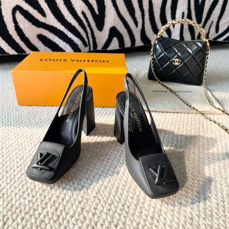 2024 Women Louis Vuitton Black Leather Slingback Heels
