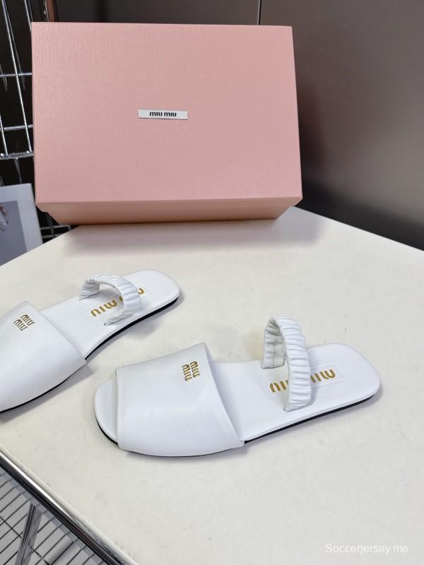 2025 Women Miu Miu White Leather Slippers LY00